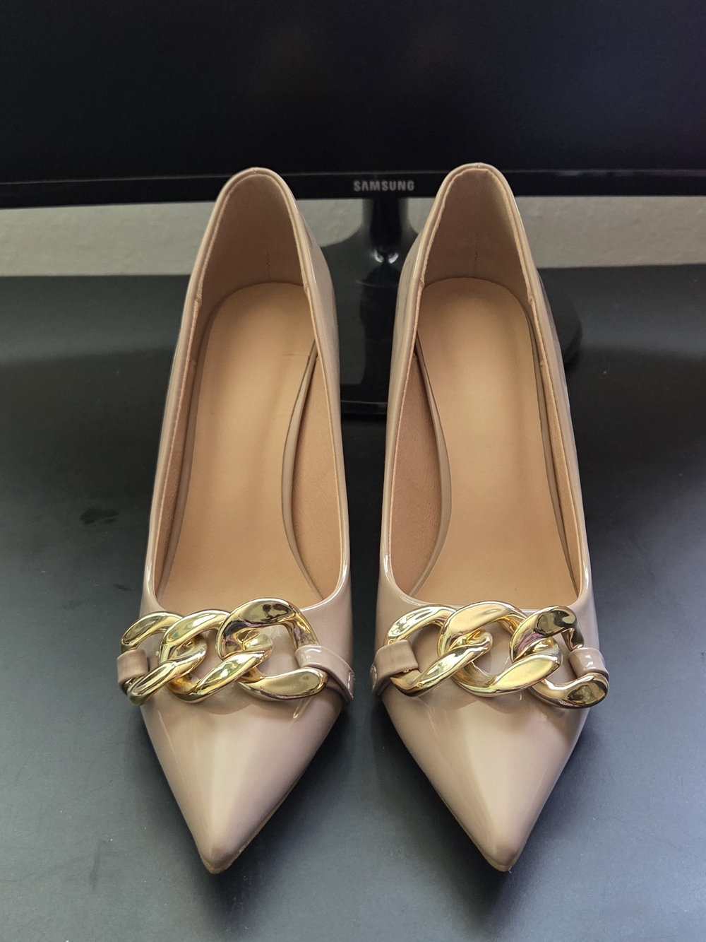 Pointed Toe Chain-Trim Heels in Nude Women's 9
